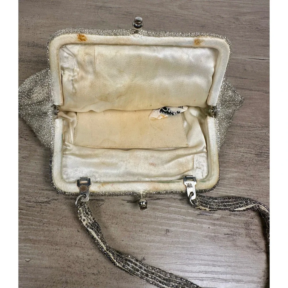 Vivant Sarne‎ Vintage Beaded Evening Wedding Bag Cream Grey Floral Made in Japan
